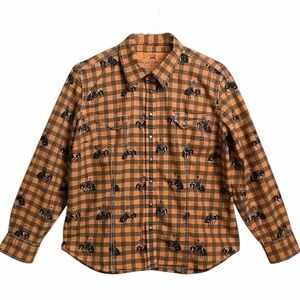 Barn Fly Trading Western Orange Black Checkered Snap Shirt Cowboy Rodeo Print XL